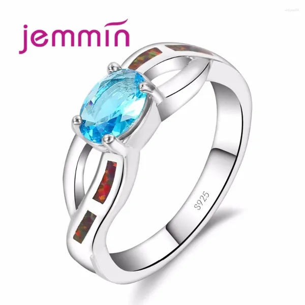 Anillos de racimo Rainbow Fire Opal Anillo para el compromiso de niña S925 Crossing Hollow Design Sterling Silver con cristal ovalado de azul