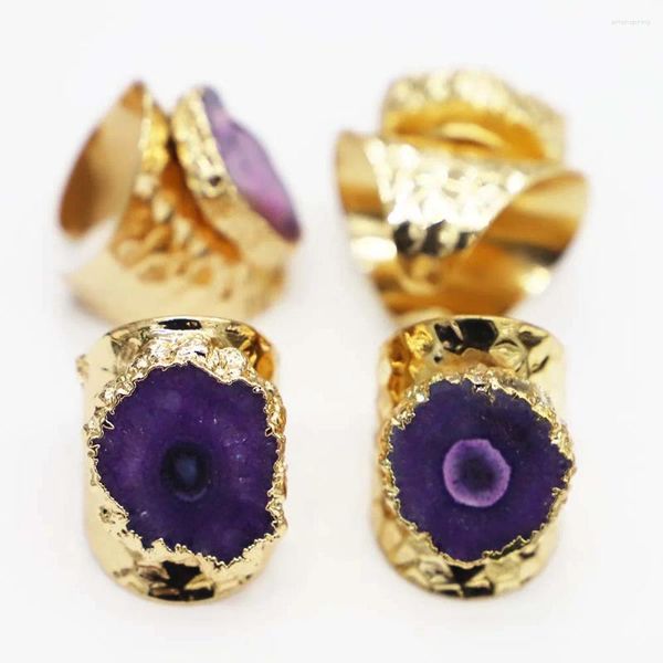 Bagues de cluster Pierre brute Violet Tournesol Agates Bague Druzy Quartz Réglable Femmes Irregualr Or Couleur Ouvert Doigt Bijoux En Gros 4pcs