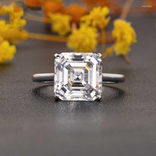 Bagues en grappe Réel 10K Or blanc Asscher Cut Moissanite Diamond Ring Certifié 2-5D Couleur VVS1 Engagement Women Pass