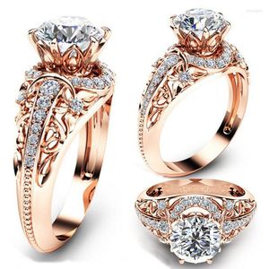Cluster Rings Real 14K Rose Gold Microinlaid 1 Diamond Ring Women White Topaz Gemstone Anillos Bizuteria Sparkling Dainty Box