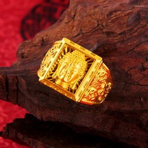 Cluster Ringen Real 18K Goud Kleur Voor Mannen Vader Broer Boeddha Hoofd Religie Vinger Niet Vervagen Fijne Sieraden Geschenken