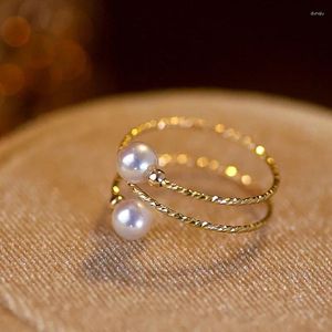 Cluster Ringen Echte 18K Gouden Ring Eenvoudige Natuurlijke Zoetwaterparel Pure AU750 Verstelbare Elastiek Voor Vrouwen Fijne Sieraden Gift RI003
