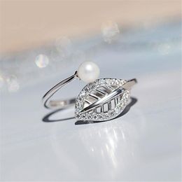 Cluster anneaux réel 18k or blanc 2022 mode feuille doigt ouvert pour les femmes réglable mariage perle bijoux fille cadeaux