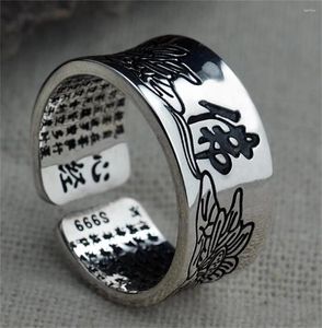 Bagues de cluster réel 925 argent lotus bouddha coeur Sutra chanceux ouvert redimensionnable S925 solide bague thaïlandaise pour femme homme cadeau bijoux