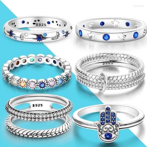 Bagues de cluster réel 925 argent sterling bleu zircon pour les femmes mode étoile lune empilable doigt original fine fiançailles bijoux