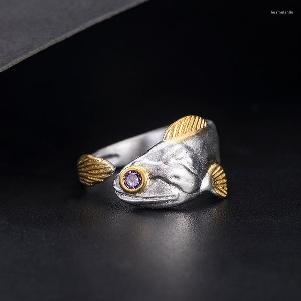 Anillos de racimo Plata de Ley 925 auténtica diseño de personalidad creativa Arowana pez Animal anillo abierto para mujer joyería de moda Original