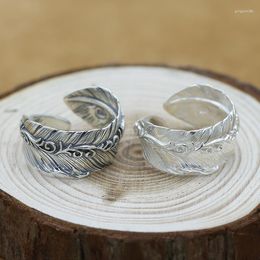 Bagues en grappe véritable 925 en argent Sterling plume Couple bague rétro femmes ouvert thaïlande hommes 2023 bijoux