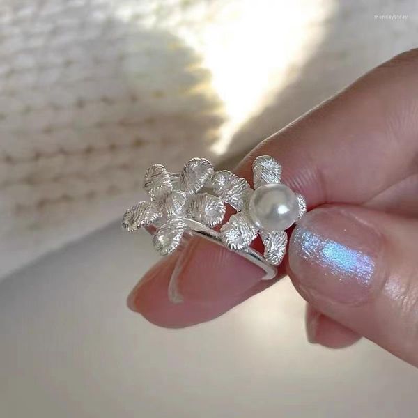 Anillos de racimo, flor de Plata de Ley 925 auténtica para mujer, anillo de doble capa de perla de imitación, joyería fina para dedo de mujer