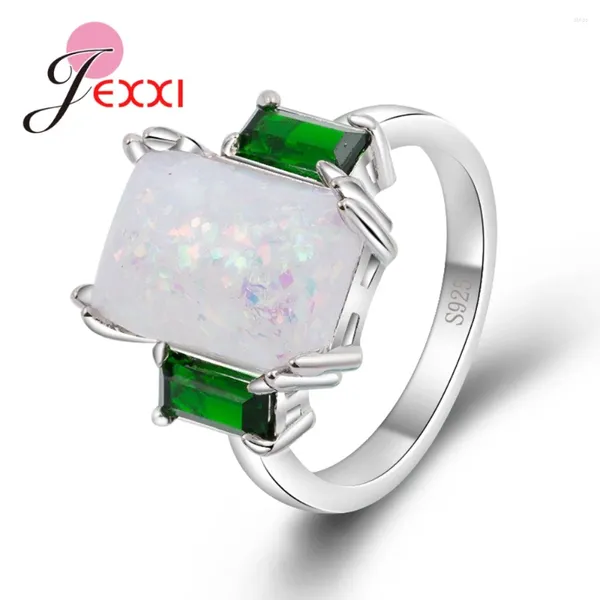 Cluster anneaux Real 925 Sauver Silver Girls Femmes RECTANGE RECTANGE BLANC FEU OPAL ANILLOS AVEC CRISTALES VERT