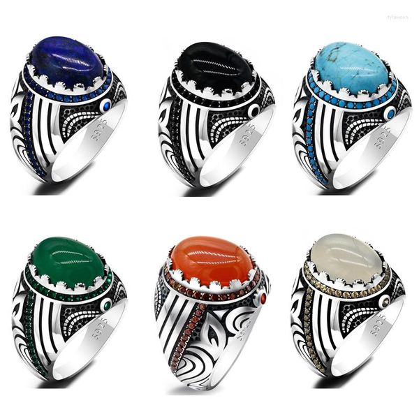 Cluster Rings Real 925 Sterling Silver Men Ring Avec Big Agate / Lapis / Turquoise Gemstone Vintage Turc Male Jewelry Precious Gift