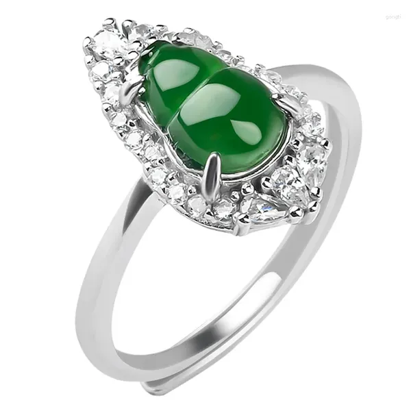 Cluster Ringen Echte 925 Sterling Zilveren Ring Voor Vrouwen Inlay Natuurlijke Jadeïet Kalebas Groene Speciale Jade Amerikaanse Maat 5-9 Verstelbaar