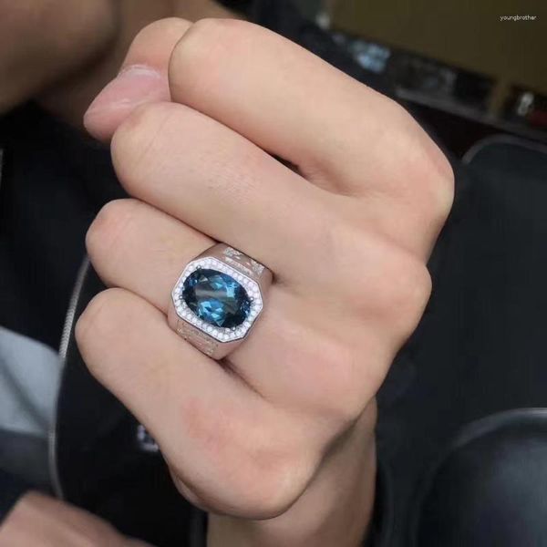 Bagues en grappe véritable et naturel bague en topaze bleue homme 925 argent Sterling 10 14mm gemme pour hommes bijoux travaillés à la main