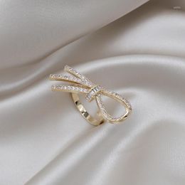 Cluster Rings Real Gold Plating Korea Design Fashion Jewelry Exquis Luxury Zircon Bow Ring Simple Women's Party Opening Réglable