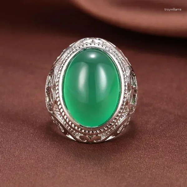 Bagues de cluster véritable calcédoine verte bague de jade avec argent sterling 925 hommes redimensionnables marque de diamant bijoux en pierre naturelle