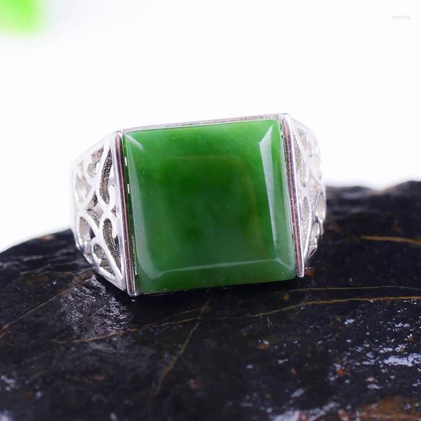 Anillos de racimo Real Green Jade Jasper Brave Troops Ring con plata de ley 925 para hombres, mujeres, joyería de jadeíta