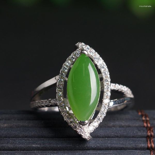 Anillos de racimo Anillo de jade verde real Hetian Esmeralda redimensionable 925 Plata de ley Joyería de mujer Nickles Diamante