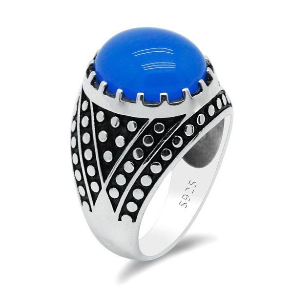 Cluster Rings Real Pure 925 Sterling Silver Male Ring Prong Setting Oval Blue Agate Stone Men Vintage Geometric Polka Turkish Jewelry