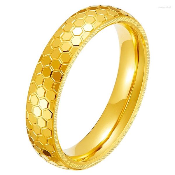 Bagues de cluster Real Pure 999 24K Bande d'or jaune Hommes Femmes Lucky Sculpté Hexagonal Treillis Bague 2.8g