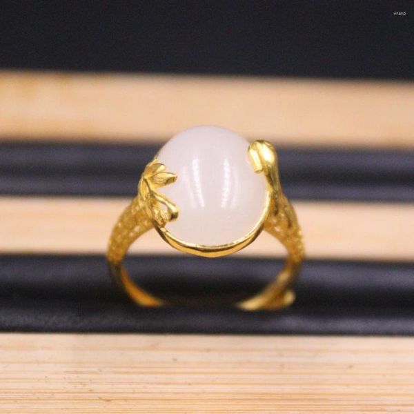 Anillos de racimo Real Pure 999 24K Banda de oro amarillo Mujeres Nefrita Blanco Jade Hoja Anillo de pájaro 4.54g