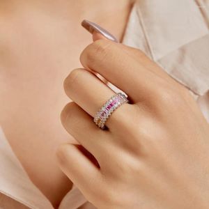 Cluster ringen echt S925 Silver Rainbow Women Row rechthoekige diamantring vrouwelijk 5a zirkon origineel ontwerp luxe sieraden meisje cadeau
