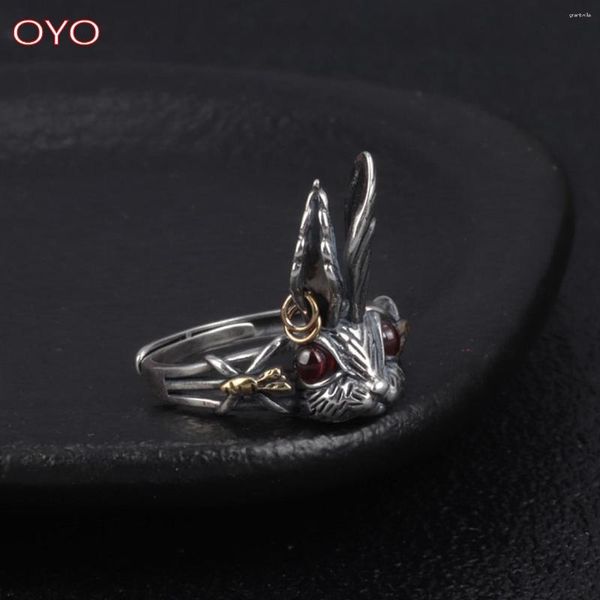 Cluster Rings Real S925 Sterling Silver Big Ears Red Eyes Ring Rétro Personnalité Femme