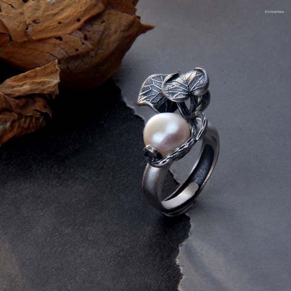 Cluster anneaux Real S925 STERLING SILP RETRO EXAGNÉE Personnalité National Style Perle Leaf Ring Meibapj Exquis Gift Bijoux