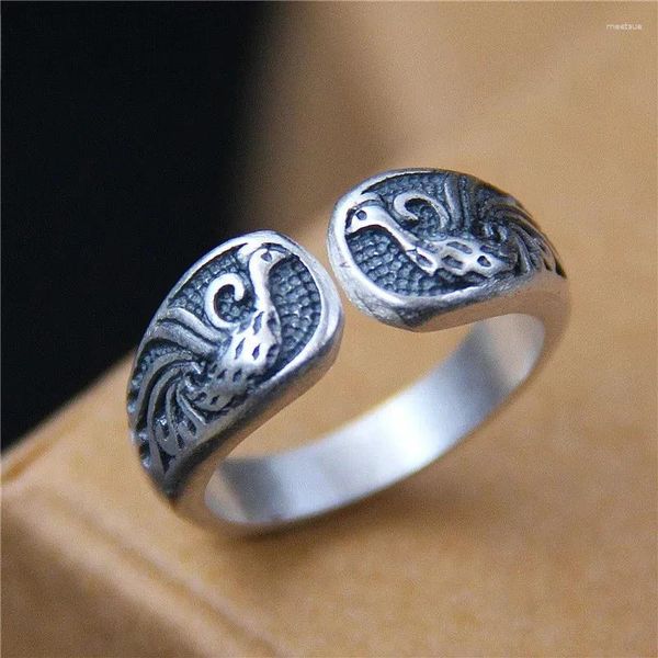 Bagues de cluster Real S990 Silver Double Phoenix Bague pour femmes Rétro Style ethnique Exquis Bonne chance Bijoux