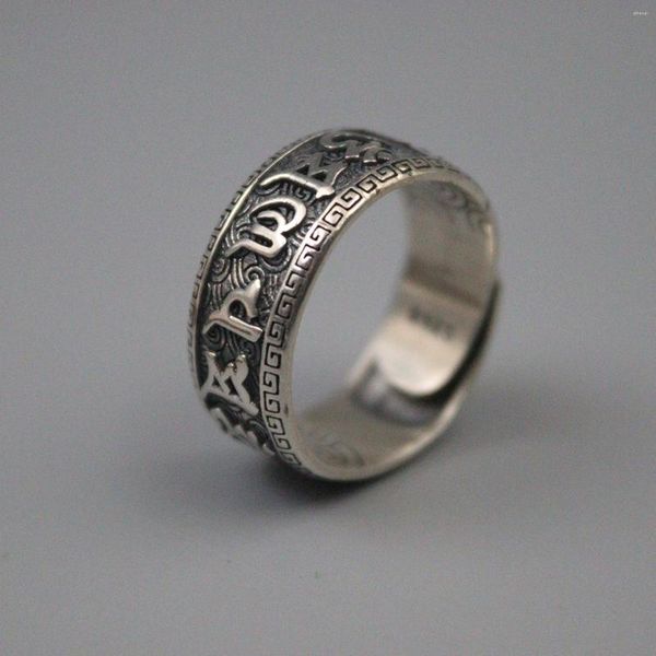 Anillos de racimo anillo de plata real para hombres vintage 925 seis mantra buddha palabra us size 8-12 regalo