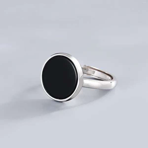 Bagues de cluster Real Simple Style S925 Pur Silver Man Bague Agate noire Plan rond Solide Mode Bijoux masculins