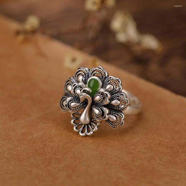 Bagues de cluster Véritable Solide 925 Sterling Silver Band Naturel Jade Jasper Creux Paon Phoenix Femmes Bague Chanceuse