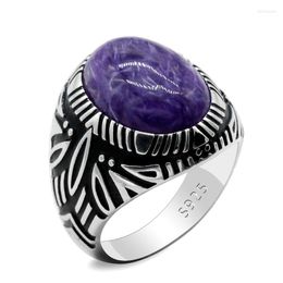 Cluster Rings Real Thai Silver Man 925 Sliver Haute Qualité Avec Charoite Naturelle Big Purple Stone Pour Hommes Femmes Bijoux Turcs