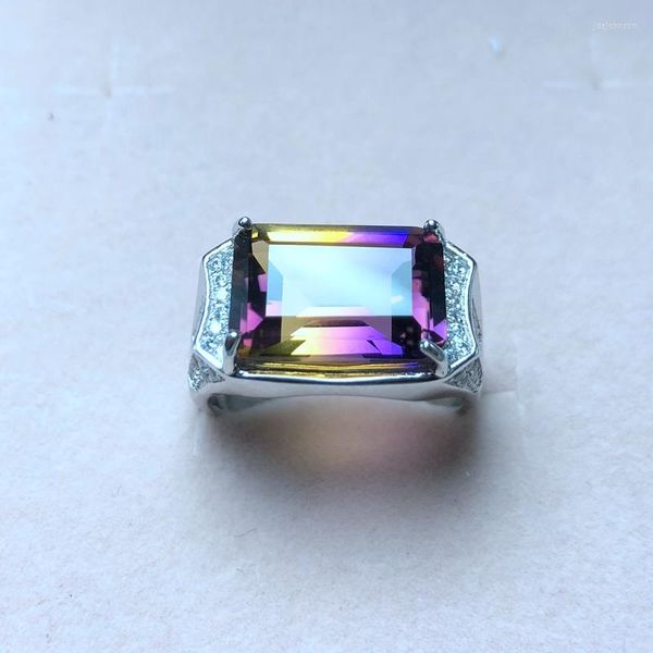 Anillos de racimo Recomendado por el propietario Producto Anillo de ametrino natural Hermoso color Bicolor Fuego 925 Plata Hombres