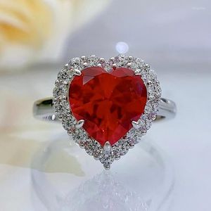Cluster anneaux rouges diamant rose anneau amour coeur océan cadeau pour femme et petite amie s925 argent