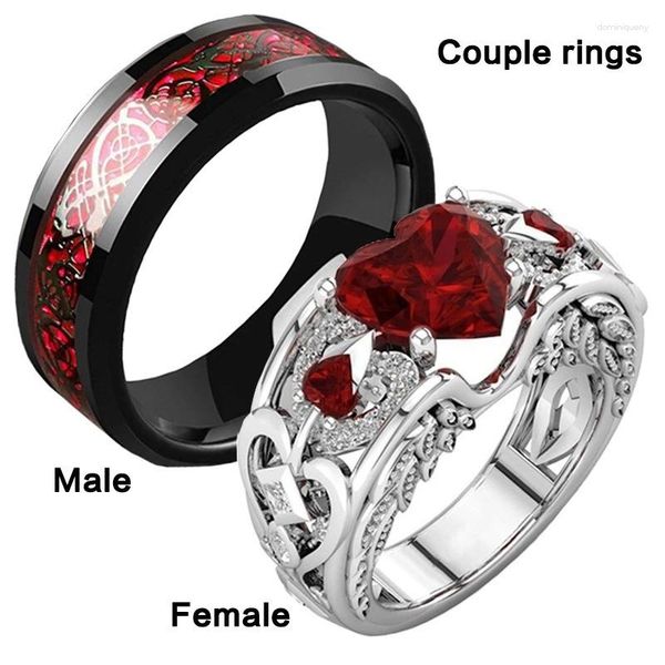 Bagues de cluster Coeur rouge Rose Fleur Femme pour les amoureux Modèle en acier inoxydable Hommes Couples Bague Bijoux Bandes de mariage