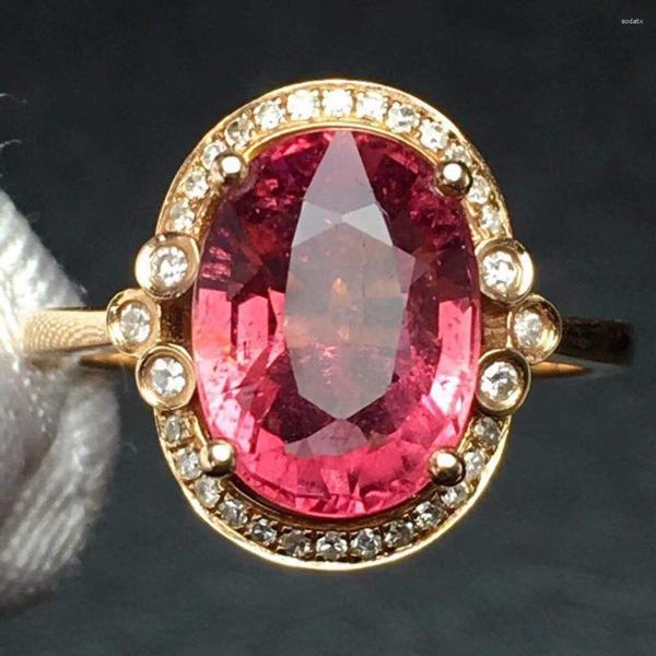 Bagues de cluster Bague Tourmaline Rouge 3.9ct Pure 18 K Gold Jewel Natural Rubi Gemstones Diamants Femme pour femmes Fine