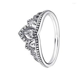 Anillos de racimo Regal Beaded Fairytale Tiara Crown Finger para mujeres Logo Silver 925 Jewelry Arch Wishbone Prong Setting Round Clear Zircon