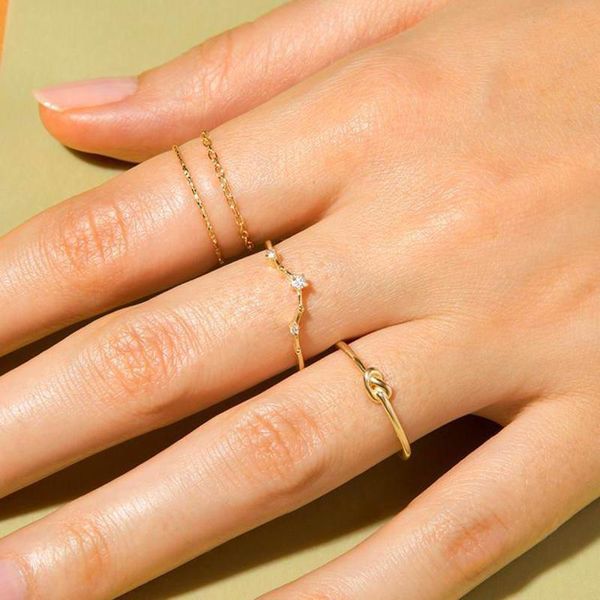 Cluster Rings Resl 925 Sterling Silver Thin Noeud Charme Minimal Délicat Plaqué Or 18K Femmes Fille Vermeil Simple Bague D'empilage