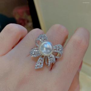 Cluster Ringen Retro Antieke Parel Kristal Boog Vinger Ring Echt 925 Sterling Zilver Open Voor Vrouwen Dames Mode Boheemse Sieraden