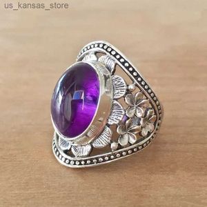 Clusterringen Retro metalen handgemaakte gebarNde krans ingesteld met Amethyst Womens Party Ring240408