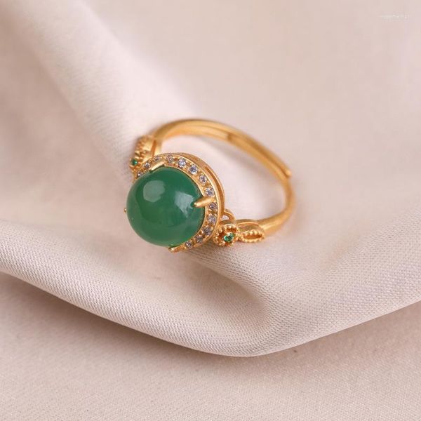 Anillos de racimo Retro Natural un Jade verde para mujeres clásico antiguo oro artesanías chinoiserie joyería Cheongsam Accesorios