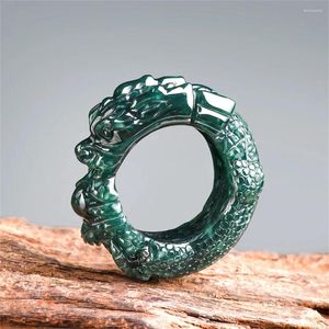 Anneaux de grappes rétro à eau naturelle Jadeite Jadeite sculptée dragon doigt avec certificat l'homme de luxe jade jade vintage bijoux