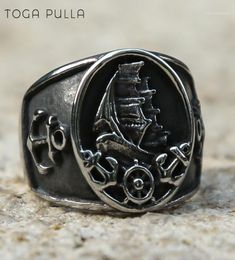 Cluster ringen retro Nordic Viking Pirate Sailboat Punk Gothic Ring Men Dames Roestvrij staal Anchor Compass Biker Rock Jewelry15990887
