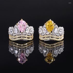Clusterringen Retro S925 Sterling zilver geel water druppel roze kristal kroon luxueuze trouwring 2023 trend luxe vrouw sieraden
