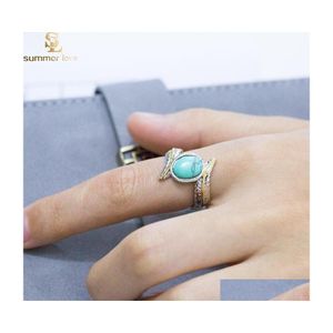 Cluster Anneaux Rétro Sier Plume Turquoise Anneau Europe Et Amérique Mode Fiançailles Pour Les Femmes De Mariage Bijoux De Mariée Cadeau En Gros Dh9Nv