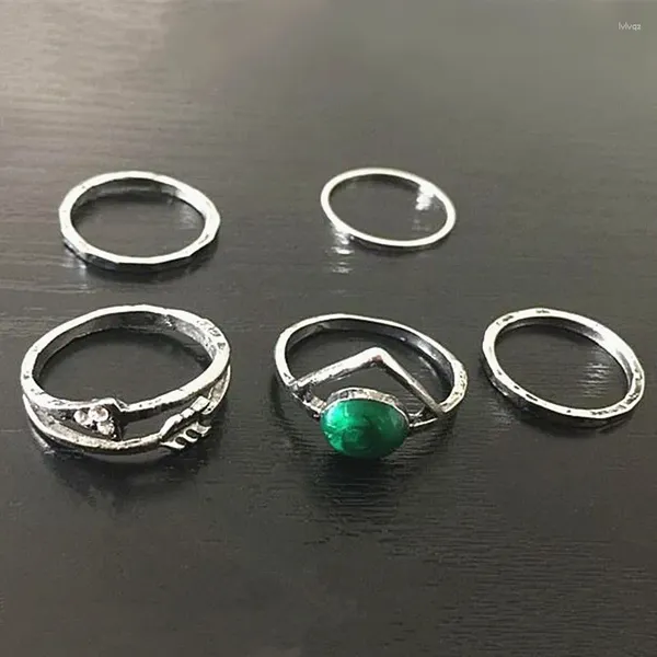 Bagues de cluster Rétro Argent Couleur Midi Bague Ensemble Pour Femmes Boho Plage Vintage Turc Punk Imitation Émeraude Doigt Bijoux 5pcs / set