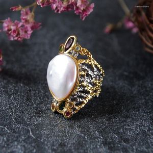 Cluster Rings Retro Thai Silver Jewelry Personnalisation Inlay Large Pearl Ring Shaped Wholesale S925 Sterling Open Ended