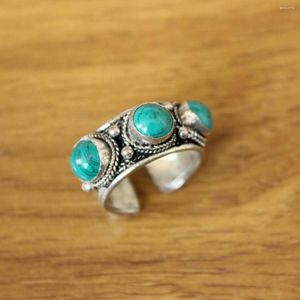 Clusterringen RG358 Ethnic Tibetaans Tibet Silver Metal ingelegd drie turquoises stenen kralen open rugring of duim