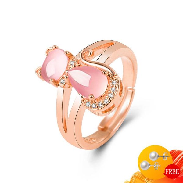 Anillos de racimo Anillo 925 Joyería de plata Forma de gato Cuarzo rosa Zircon Piedra preciosa Dedo abierto para mujeres Accesorios de fiesta de compromiso de boda