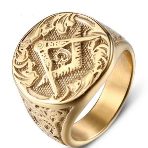 Clusterringen Ring Men Masonic Signet Gold Big Wide Mens voor man Roestvrij staal Gouden mannelijke accessoires Pride Rock Punk Jewelry