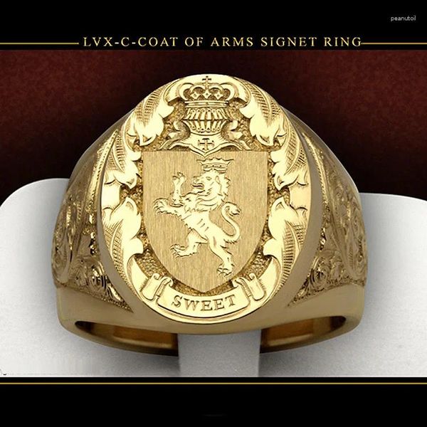 Bagues de cluster Bague Hommes Tendances 2024 Couronne Lion Bouclier Badge 18k Jaune Or Couleur Royal Hommes Pour Fête Cadeau Garçon